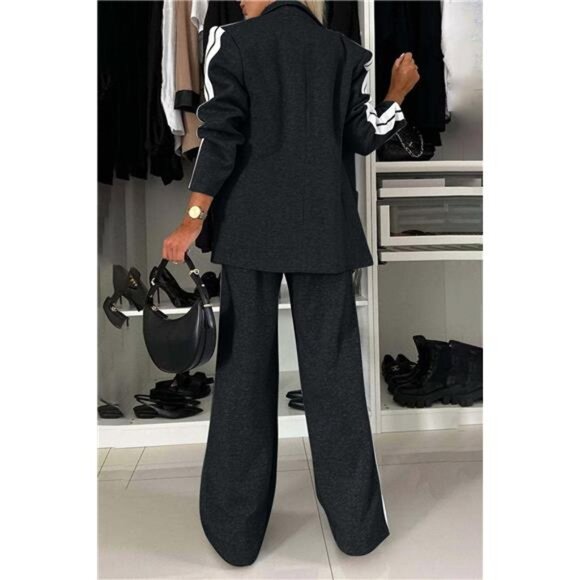Full Size Contrast Lapel Collar Top and Pants Set - Picture 7 of 15